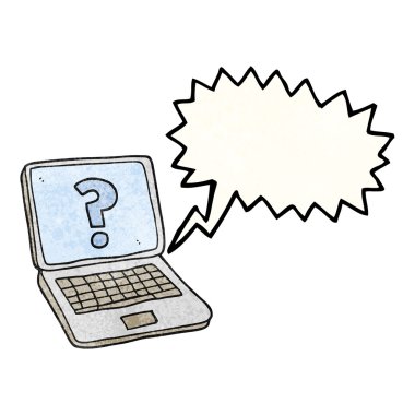 konuşma balonu dokulu karikatür dizüstü bilgisayar soru ile mar