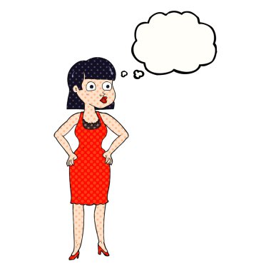 kalça üzerinde elleriyle içinde düşünce kabarcık karikatür kadın