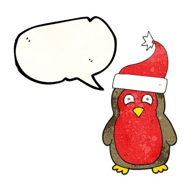 konuşma balonu dokulu karikatür Noel robin giyen Noel Baba şapkası