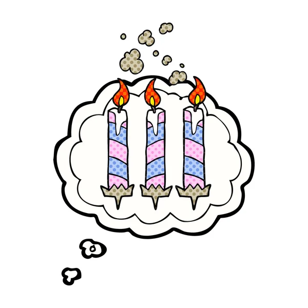 Myśl bańki kreskówka urodziny świeczki tort — Wektor stockowy