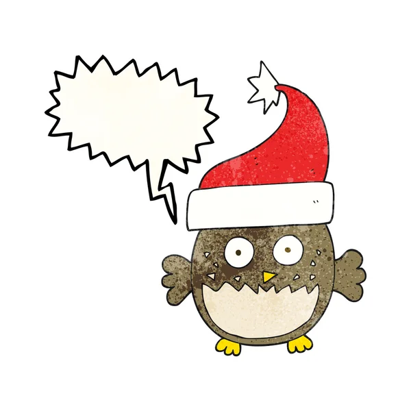 Discorso bolla strutturato cartone animato gufo indossa cappello di Natale — Vettoriale Stock