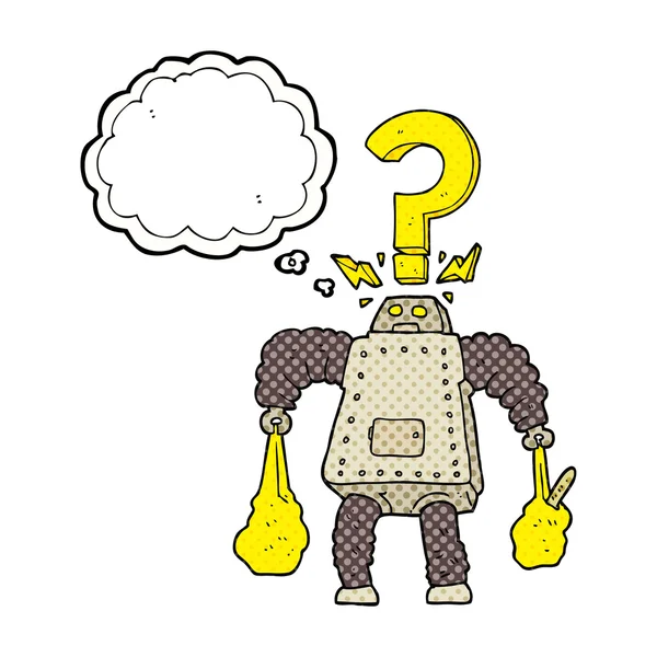 Düşünce kabarcık karikatür şaşkın robot alışveriş taşıyan — Stok Vektör