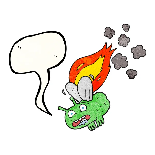 Speech bubble textured cartoon fly crashing and burning — Stock Vector
