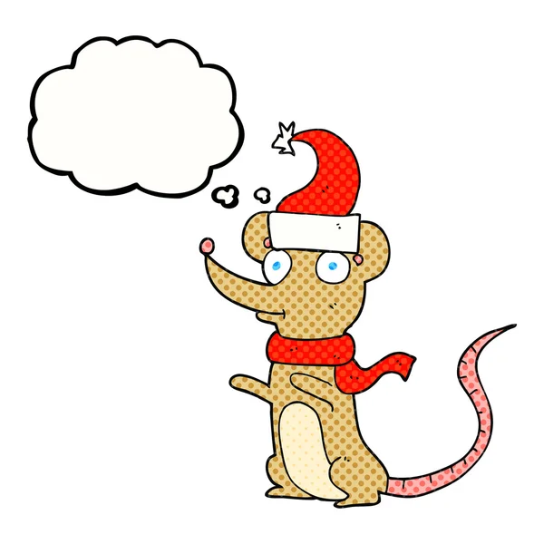 Ratón de dibujos animados burbuja pensamiento usando sombrero de Navidad — Archivo Imágenes Vectoriales