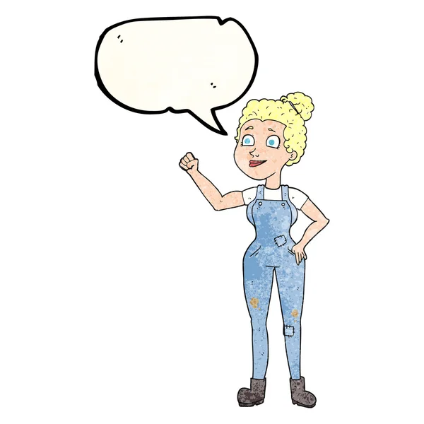 Parole bulle texturé bande dessinée femme en dungarees — Image vectorielle