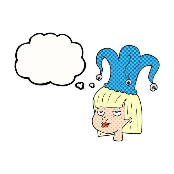 Gedankenblase Cartoon Frau trägt Narrenhut — Stockvektor