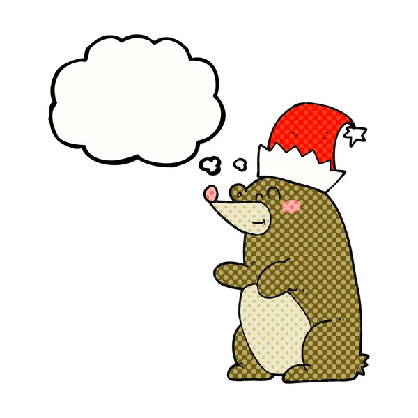 Pensée bulle dessin animé ours portant chapeau de Noël — Image vectorielle
