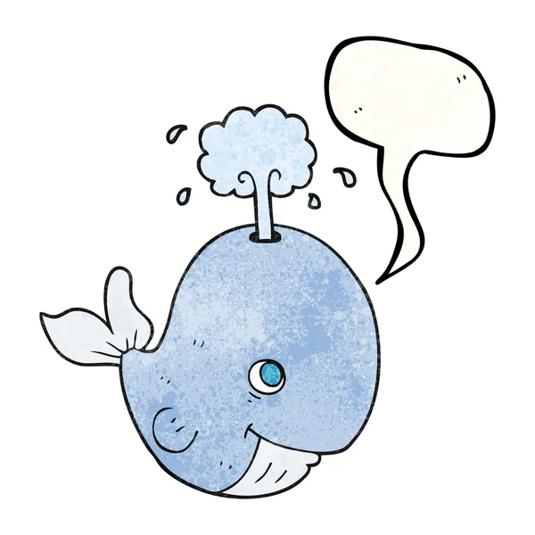 Toespraak bubble getextureerde cartoon walvis spuiten van water — Stockvector