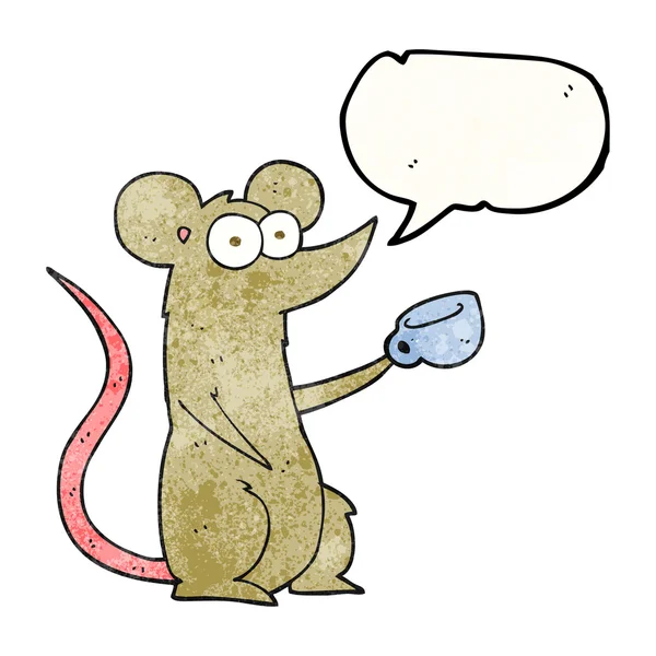 Toespraak bubble getextureerde cartoon muis met koffiekopje — Stockvector