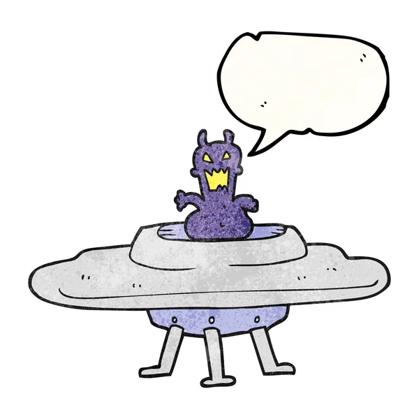 Parole bulle texturé dessin animé alien dans soucoupe volante — Image vectorielle