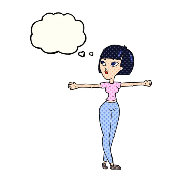Pensiero bolla cartone animato donna braccia diffusione — Vettoriale Stock