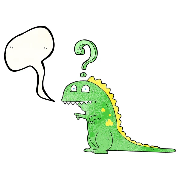Toespraak bubble getextureerde cartoon verward dinosaurus — Stockvector