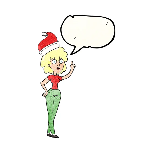 Discours bulle texturé dessin animé femme portant santa chapeau — Image vectorielle