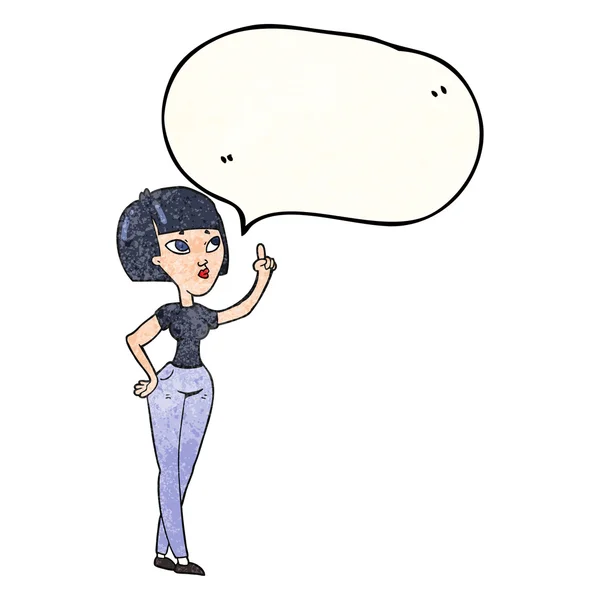 Speech bubble textured cartoon woman asking question — Stock Vector