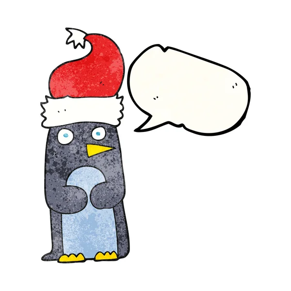 Sprechblase texturierter Cartoon-Pinguin mit Weihnachtsmütze — Stockvektor
