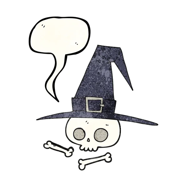 Discours bulle texturé chapeau de sorcière dessin animé avec crâne — Image vectorielle