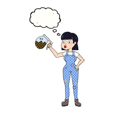 kabarcık karikatür kadın kahve ile kaba pamuklu tulum içinde düşündüm 