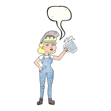 konuşma balonu dokulu karikatür çok çalışkan kadın bira ile 