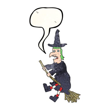 uçan süpürge üzerinde konuşma balonu dokulu karikatür cadı