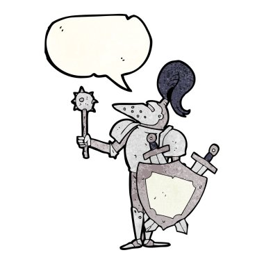 konuşma balonu dokulu karikatür Ortaçağ Şövalyesi ile kalkan