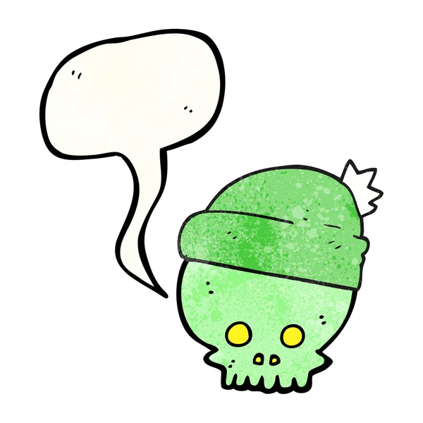 Fala bolha texturizado desenho animado crânio vestindo chapéu — Vetor de Stock