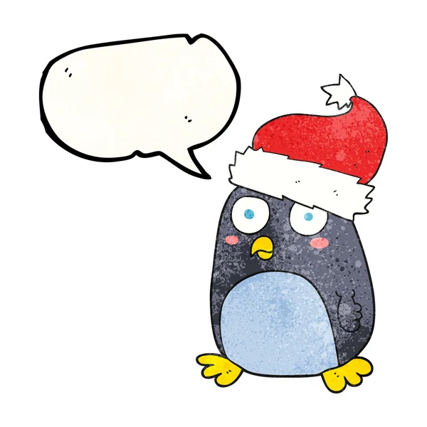 Speech bubble textured cartoon penguin in christmas hat — Stock Vector