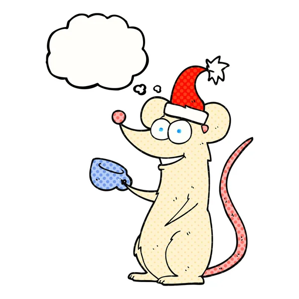 Σκέψη φούσκα ποντίκι καρτούν φοράει καπέλο Χριστούγεννα — Διανυσματικό Αρχείο