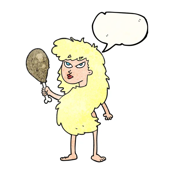 Sprechblase texturierte Karikatur Höhlenfrau mit Fleisch — Stockvektor