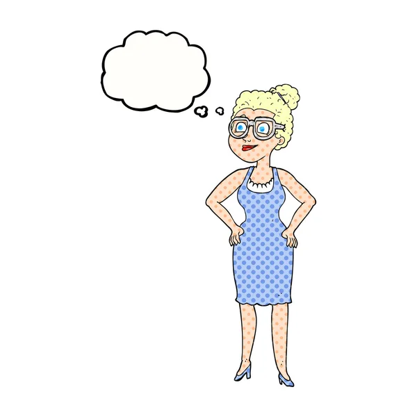 Pensiero bolla cartone animato donna indossando occhiali — Vettoriale Stock