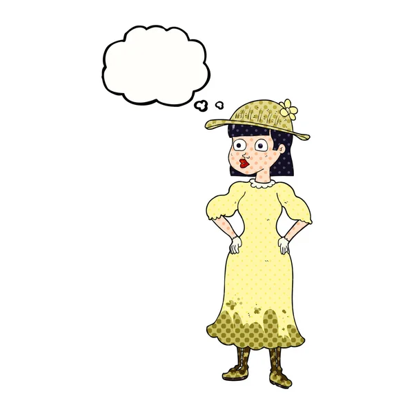 Pensée bulle dessin animé femme en robe boueuse — Image vectorielle