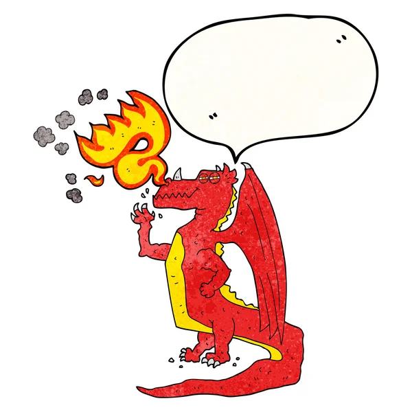 Sprechblase texturierte Karikatur glücklicher Drache atmet Feuer — Stockvektor