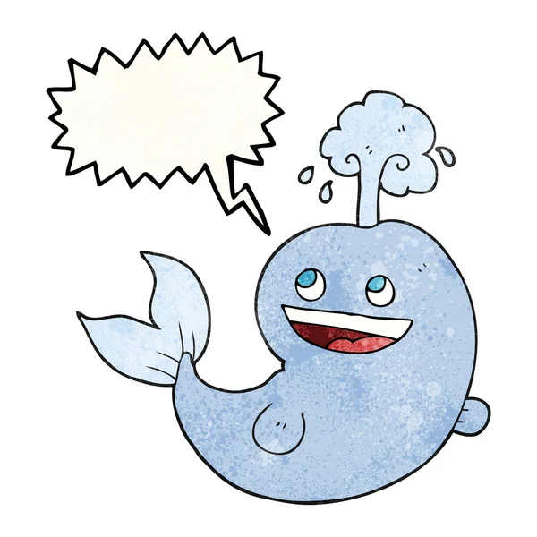 Toespraak bubble getextureerde cartoon walvis spuiten van water — Stockvector