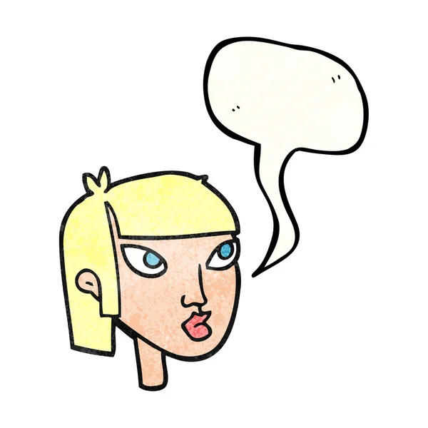 Voz burbuja textura dibujos animados cara femenina — Vector de stock