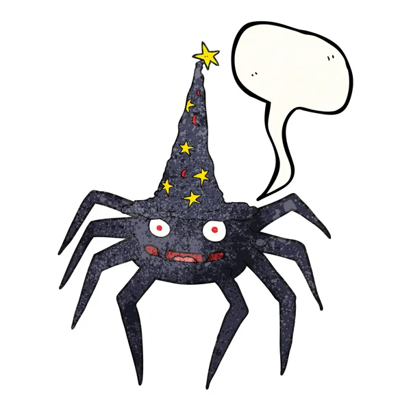 Discours bulle texturé dessin animé halloween araignée en chapeau de sorcière — Image vectorielle