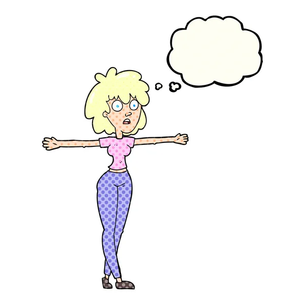 Pensée bulle dessin animé femme écarter les bras — Image vectorielle