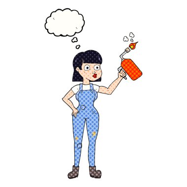 kabarcık karikatür kadın kaba pamuklu tulum içinde düşündüm