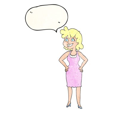 konuşma balonu dokulu karikatür mutlu kadın elbise