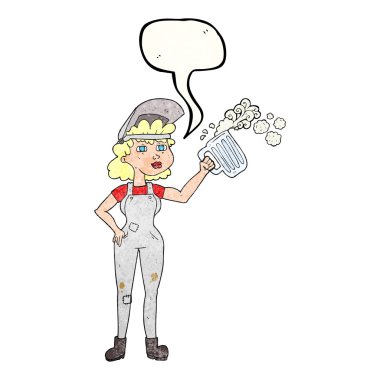 konuşma balonu dokulu karikatür çok çalışkan kadın bira ile 