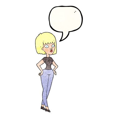 kalçalarına eller dokulu karikatür kadın ile konuşma balonu