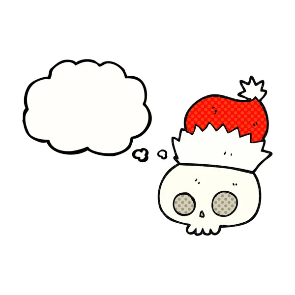 Gedankenblase Cartoon-Totenkopf mit Weihnachtsmütze — Stockvektor