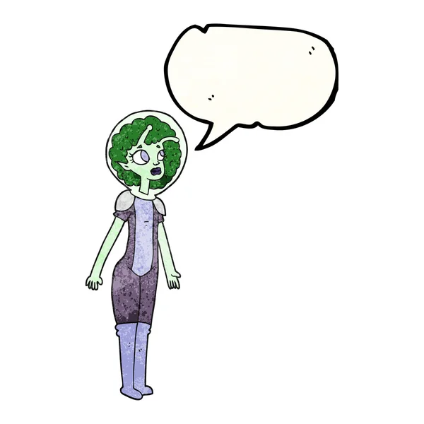 Speech bubble textured cartoon alien space girl — Stock Vector