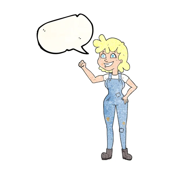 Discurso burbuja textura dibujos animados determinado mujer apretando puño — Vector de stock