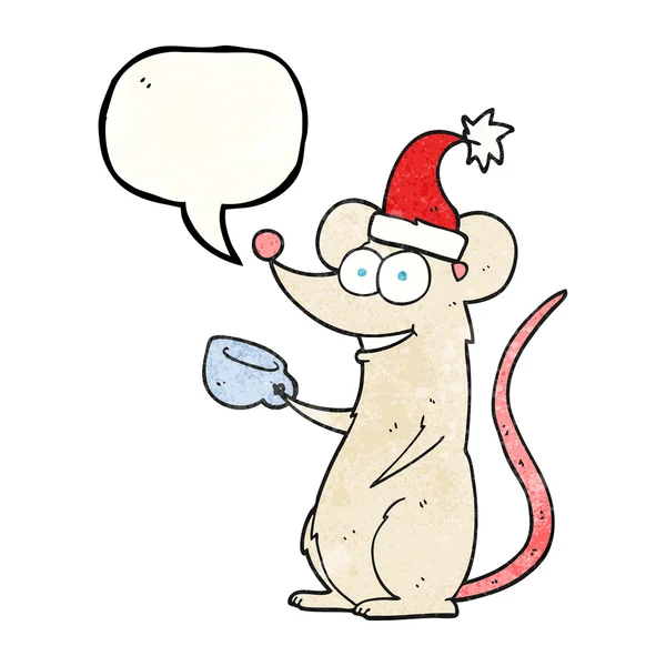 Toespraak bubble getextureerde cartoon muis met kerst hoed — Stockvector