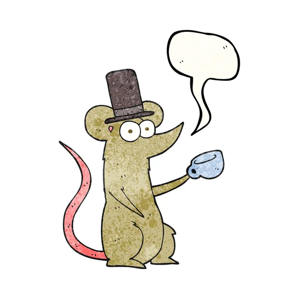 Speech bubble textured cartoon mouse with cup and top hat — Stock Vector