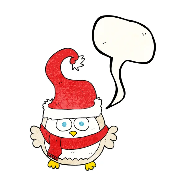 Discours bulle texturé dessin animé hibou portant chapeau de Noël — Image vectorielle