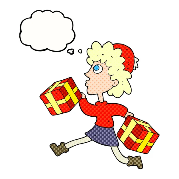 Pensamiento burbuja dibujos animados corriendo mujer con regalos — Archivo Imágenes Vectoriales