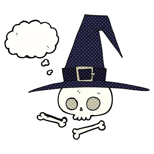 Pensamento bolha chapéu de bruxa dos desenhos animados com crânio —  Vetores de Stock