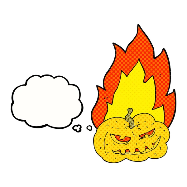 Pensiero bolla cartone animato fiammeggiante Halloween zucca — Vettoriale Stock