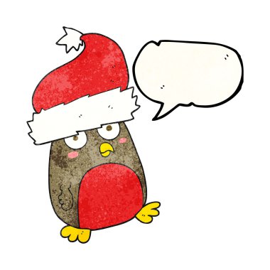 konuşma balonu dokulu karikatür Noel robin giyen Noel Baba şapkası