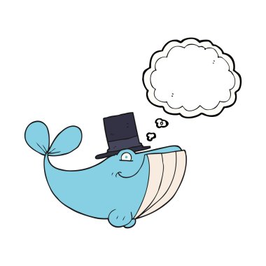 Silindir şapka giyen düşünce kabarcık karikatür balina